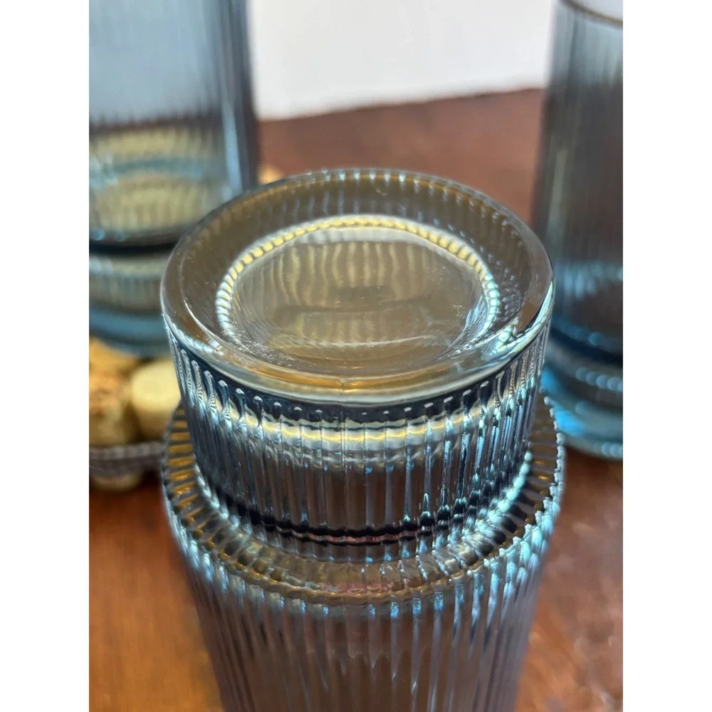 Vintage Blue Ribbed Highball Glasses Set of 4 Stackable Fluted Tumblers 6 inch